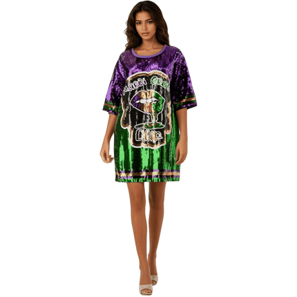 Sequin Dress Lettered With Yellow, Purple, & Green Trim - Mardi Gras Apparel - Adult, Dress, Front Design - Dress