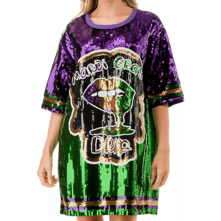 Sequin Dress Lettered With Yellow, Purple, & Green Trim - Mardi Gras Apparel - Adult, Dress, Front Design - Dress