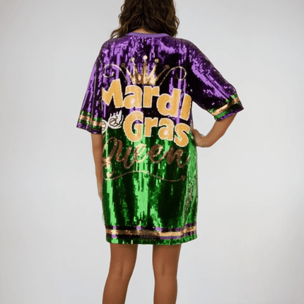 Sequin Dress Lettered With Yellow, Purple, & Green Trim - Mardi Gras Apparel Sequin Dress Lettered With Yellow, Purple, & Green Trim - Mardi Gras Apparel