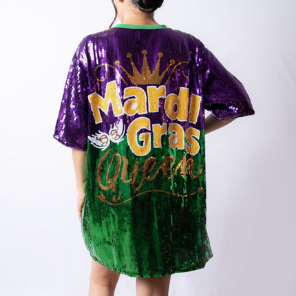 Sequin Dress Lettered With Yellow, Purple, & Green Trim - Mardi Gras Apparel - Adult, Dress, Front Design - Dress