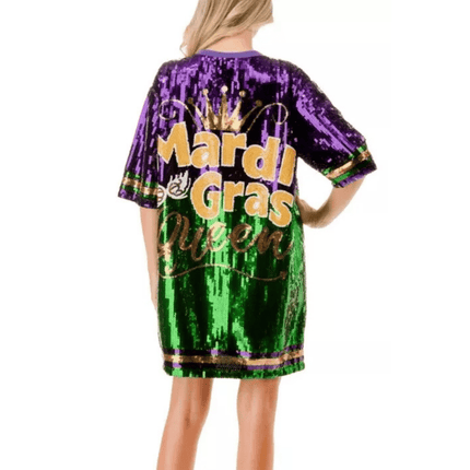 Sequin Dress Lettered With Yellow, Purple, & Green Trim - Mardi Gras Apparel - Adult, Dress, Front Design - Dress