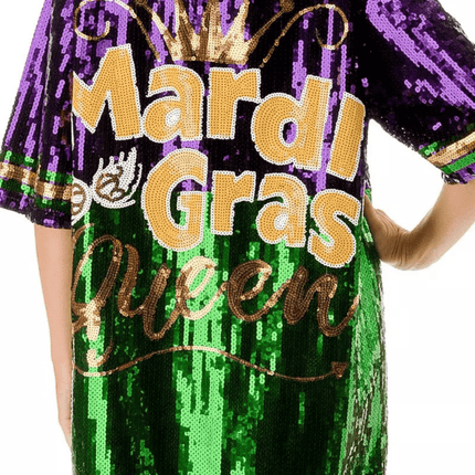 Sequin Dress Lettered With Yellow, Purple, & Green Trim - Mardi Gras Apparel - Adult, Dress, Front Design - Dress