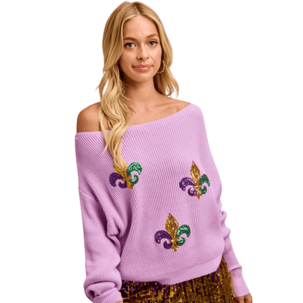 Sequin Fleur De Lis Embroideries Mardi Gras Top - Mardi Gras Apparel - Adult, Bibi, Bibi Top Chart - Sweaters
