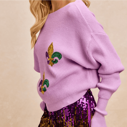 Sequin Fleur De Lis Embroideries Mardi Gras Top - Mardi Gras Apparel - Adult, Bibi, Bibi Top Chart - Sweaters