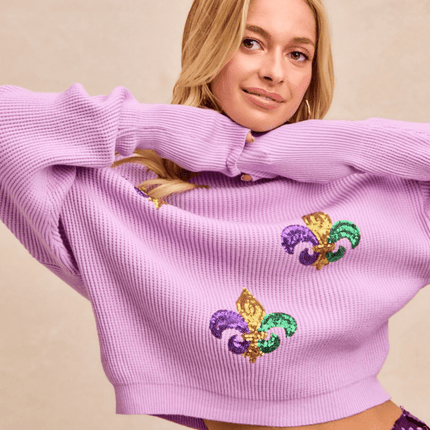 Sequin Fleur De Lis Embroideries Mardi Gras Top - Mardi Gras Apparel - Adult, Bibi, Bibi Top Chart - Sweaters