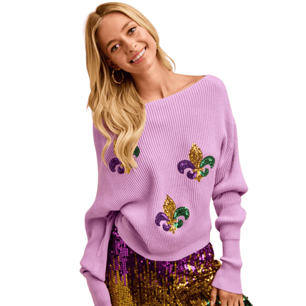Sequin Fleur De Lis Embroideries Mardi Gras Top - Mardi Gras Apparel - Adult, Bibi, Bibi Top Chart - Sweaters