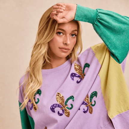 Sequin Fleur De Lis Mardi Gras Sweatshirt Top - Mardi Gras Apparel - Adult, apparel discount tier, Bibi - Sweaters