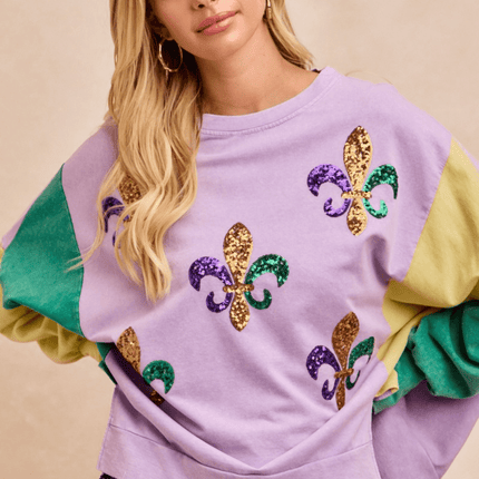 Sequin Fleur De Lis Mardi Gras Sweatshirt Top - Mardi Gras Apparel - Adult, apparel discount tier, Bibi - Sweaters