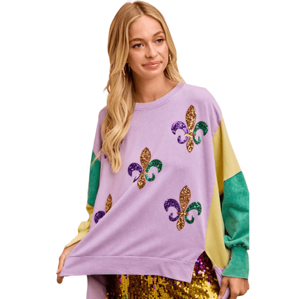 Sequin Fleur De Lis Mardi Gras Sweatshirt Top - Mardi Gras Apparel - Adult, apparel discount tier, Bibi - Sweaters