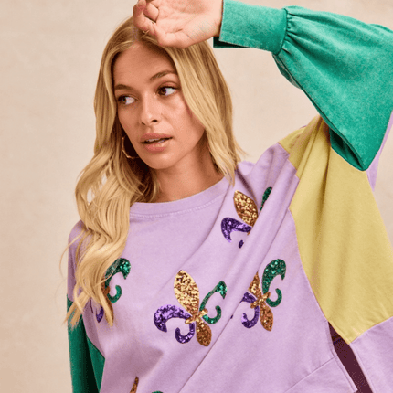 Sequin Fleur De Lis Mardi Gras Sweatshirt Top - Mardi Gras Apparel - Adult, apparel discount tier, Bibi - Sweaters