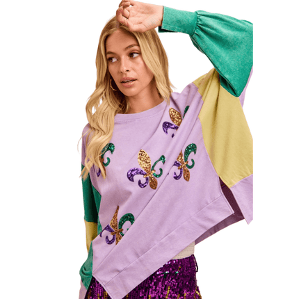 Sequin Fleur De Lis Mardi Gras Sweatshirt Top - Mardi Gras Apparel - Adult, apparel discount tier, Bibi - Sweaters
