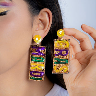 Sequin Mardi Gras Earrings with Bold Lettering - Mardi Gras Apparel