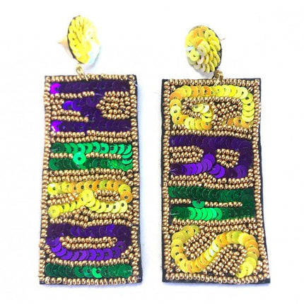 Sequin Mardi Gras Earrings with Bold Lettering - Mardi Gras Apparel - Accessories, Earrings, Mardi Gras - Mardi Gras Earrings