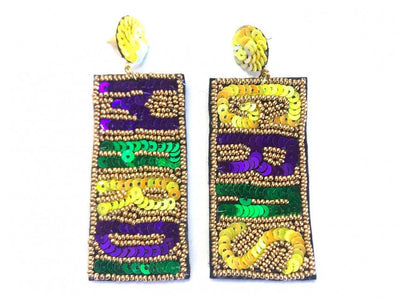 Sequin Mardi Gras Earrings with Bold Lettering - Mardi Gras Apparel