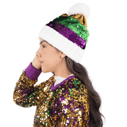 Sequin Mardi Gras Knit Beanie with Faux Fur Pom - Mardi Gras Apparel - Accessories, Adult, Gold - Hats