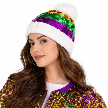 Sequin Mardi Gras Knit Beanie with Faux Fur Pom - Mardi Gras Apparel - Accessories, accessory discount tier, Adult - Beanie