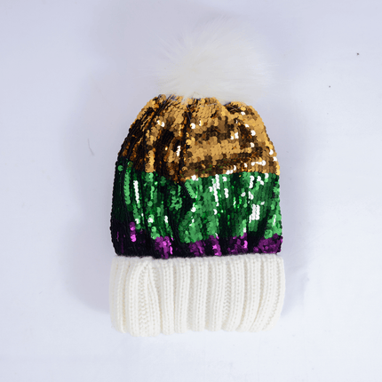 Sequin Mardi Gras Knit Beanie with Faux Fur Pom - Mardi Gras Apparel - Accessories, Adult, Gold - Hats