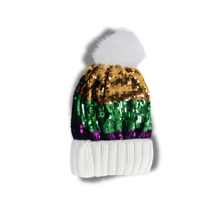 Sequin Mardi Gras Knit Beanie with Faux Fur Pom - Mardi Gras Apparel - Accessories, Adult, Gold - Hats