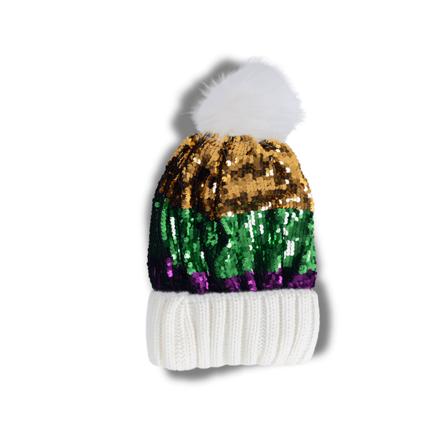 Bling Sequin Mardi Gras Beanie Hat Mardi Gras Sequin Beanie With Pom-pom – Festive Sparkle  main image 2