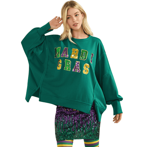 Sequin Mardi Gras Loose Fit Top Jade Oversized Festive Sweatshirt - Mardi Gras Apparel - Adult, Block Letters, Front Design - Sweaters