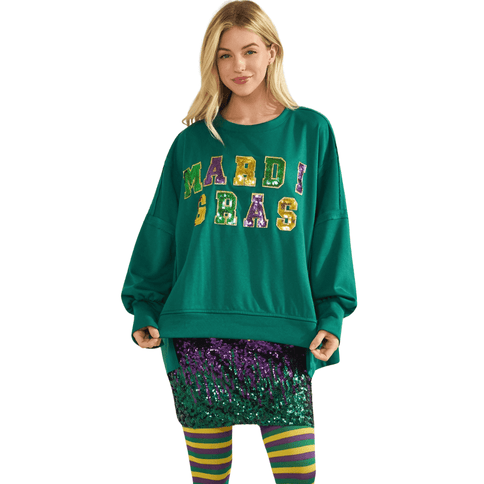 Sequin Mardi Gras Loose Fit Top Jade Oversized Festive Sweatshirt - Mardi Gras Apparel - Adult, Block Letters, Front Design - Sweaters