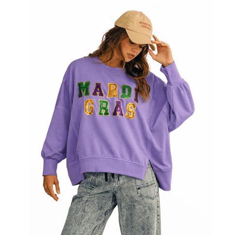 Sequin Mardi Gras Loose Fit Top Lavender Oversized Festive Sweatshirt - Mardi Gras Apparel - Adult, Block Letters, Front Design - Sweaters