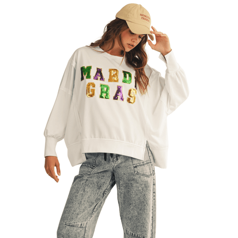 Sequin Mardi Gras Loose Fit Top White Oversized Festive Sweatshirt - Mardi Gras Apparel - Adult, Block Letters, Front Design - Sweaters