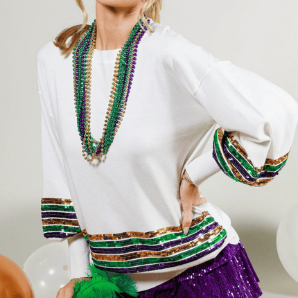 Sequin Trim Detail Mardi Gras Sweater White Top - Mardi Gras Apparel - Adult, Black, Crew Neck - Sweatshirt