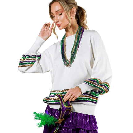 Sequin Trim Detail Mardi Gras Sweater White Top - Mardi Gras Apparel - Adult, Black, Crew Neck - Sweatshirt