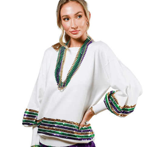 Sequin Trim Detail Mardi Gras Sweater White Top - Mardi Gras Apparel - Adult, Black, Crew Neck - Sweatshirt