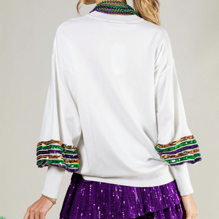 Sequin Trim Detail Mardi Gras Sweater White Top - Mardi Gras Apparel - Adult, Black, Crew Neck - Sweatshirt