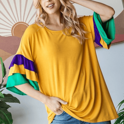 Solid Mardi Gras Ruffled Sleeve Top - Mardi Gras Apparel - Adult, Ladies, sweatshirt - Sweatshirt