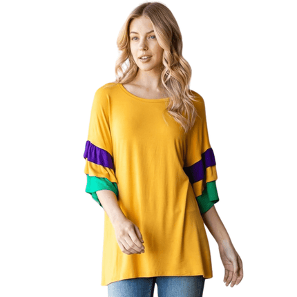 Solid Mardi Gras Ruffled Sleeve Top - Mardi Gras Apparel - Adult, Ladies, sweatshirt - Sweatshirt