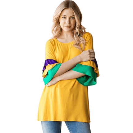 Solid Mardi Gras Ruffled Sleeve Top - Mardi Gras Apparel - Adult, Ladies, sweatshirt - Sweatshirt