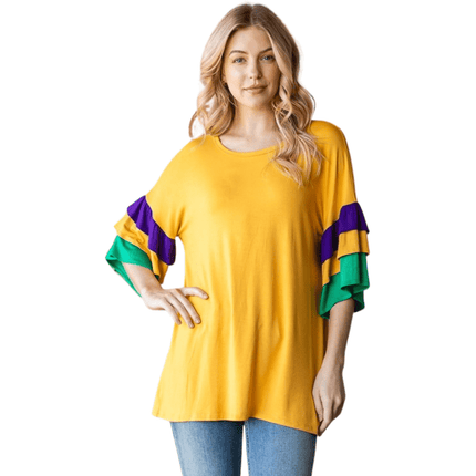 Solid Mardi Gras Ruffled Sleeve Top - Mardi Gras Apparel - Adult, Ladies, sweatshirt - Sweatshirt