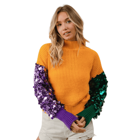 Spangled Sleeve Mardi Gras Color Block Sweater - Mardi Gras Apparel - Adult, Gold, Green - Sequin