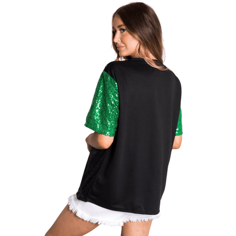 St. Patrick’s Theme Sequins Clover Patch Half - Sleeve Top - Mardi Gras Apparel - St. Patrick’s Day, , - Tops