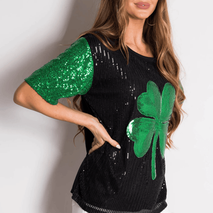 St. Patrick’s Theme Sequins Clover Patch Half - Sleeve Top - Mardi Gras Apparel - St. Patrick’s Day, , - Tops