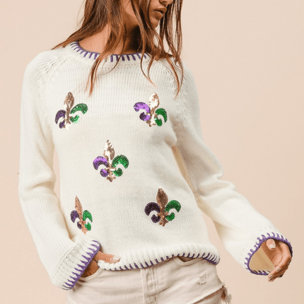 Stitch Detail Sequin Embroidery Mardi Gras Sweater - Mardi Gras Apparel - Adult, Bibi, Bibi Top Chart - Sweaters