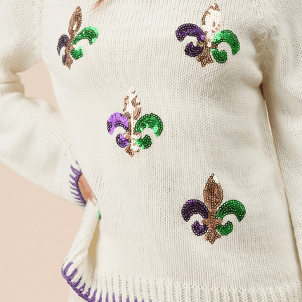 Stitch Detail Sequin Embroidery Mardi Gras Sweater - Mardi Gras Apparel - Adult, Bibi, Bibi Top Chart - Sweaters