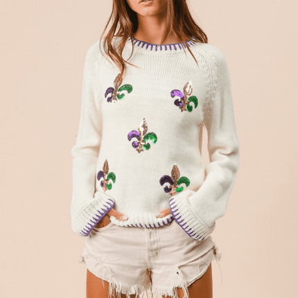 Stitch Detail Sequin Embroidery Mardi Gras Sweater - Mardi Gras Apparel - Adult, Bibi, Bibi Top Chart - Sweaters