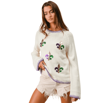 Stitch Detail Sequin Embroidery Mardi Gras Sweater - Mardi Gras Apparel - Adult, Bibi, Bibi Top Chart - Sweaters