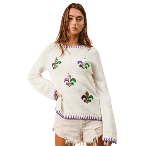 Stitch Detail Sequin Embroidery Mardi Gras Sweater - Mardi Gras Apparel - Adult, Bibi, Bibi Top Chart - Sweaters