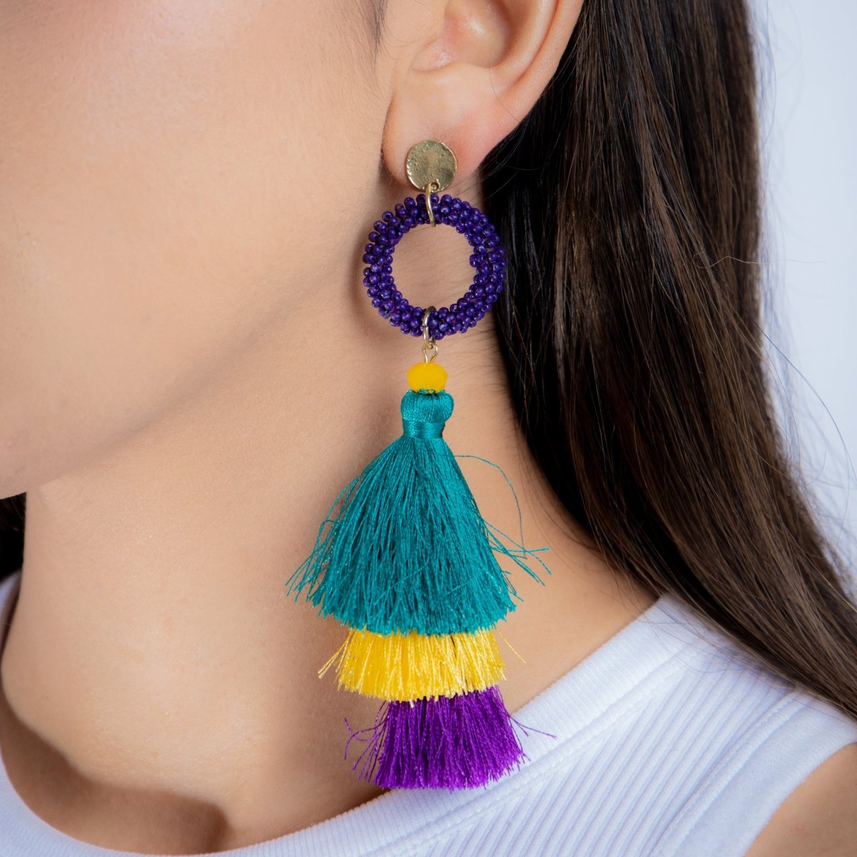 Triple - Tiered Tassel Mardi Gras Earrings with Beaded Hoop - Mardi Gras Apparel - Accessories, Earrings, Mardi Gras - Mardi Gras Earrings