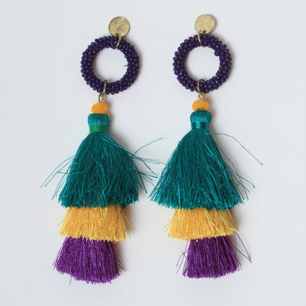 Triple - Tiered Tassel Mardi Gras Earrings with Beaded Hoop - Mardi Gras Apparel - Accessories, Earrings, Mardi Gras - Mardi Gras Earrings