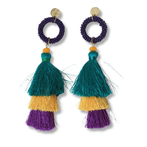 Triple - Tiered Tassel Mardi Gras Earrings with Beaded Hoop - Mardi Gras Apparel - Accessories, Earrings, Mardi Gras - Mardi Gras Earrings