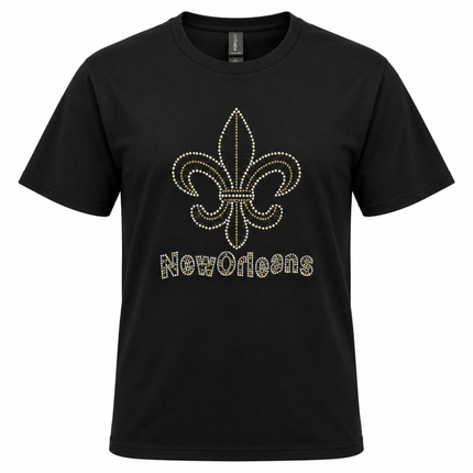 Unisex Black New Orleans Rhinestone T-Shirt - Mardi Gras Apparel - Black & Gold, Crew Neck, Ladies - Rhinestone Tee-Shirt