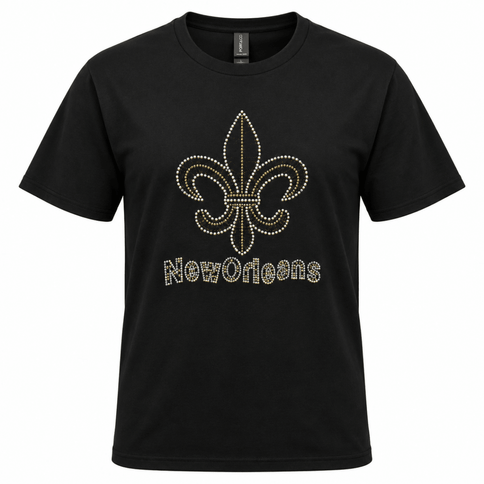 Unisex Black New Orleans Rhinestone T-Shirt - Mardi Gras Apparel - Black & Gold, Crew Neck, Ladies - Rhinestone Tee-Shirt