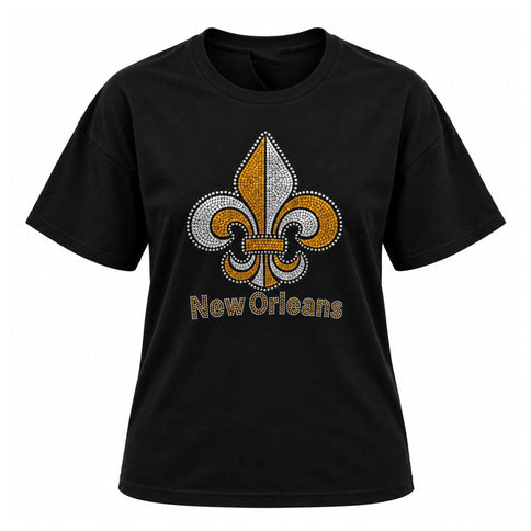 Unisex New Orleans Rhinestone Fleur de Lis T-Shirt - Mardi Gras Apparel - Black & Gold, Crew Neck, Ladies - Rhinestone Tee-Shirt