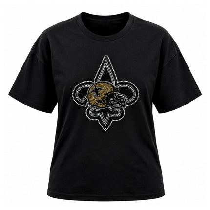 Unisex Rhinestone Fleur de Lis Football T-Shirt - Mardi Gras Apparel - Black & Gold, Crew Neck, Ladies - Rhinestone Tee-Shirt
